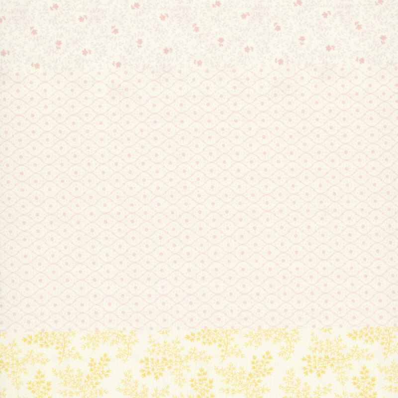 Cream fabric with a distinctive striped design with 8 unique coordinating patterns, including florals, geometrics, stripes, and other classic motifs.