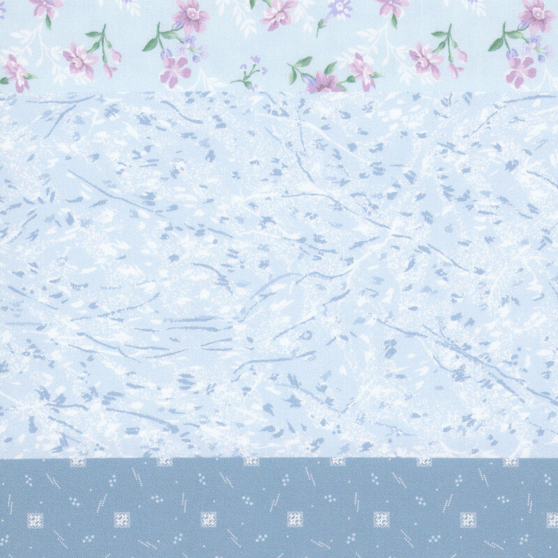 Blue fabric with a distinctive striped design with 8 unique coordinating patterns, including florals, stripes, polka dots, and other classic motifs.