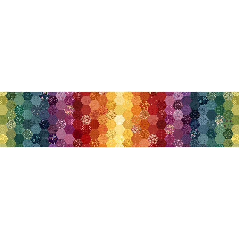 Rainbow colored fabric with an octagon cheater pattern combining floral, paisley, and geometric designs.