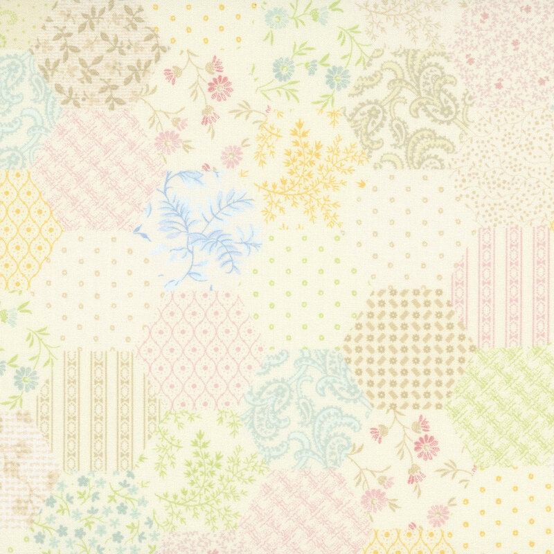 Cream fabric with an octagon cheater pattern combining floral, paisley, and geometric designs.