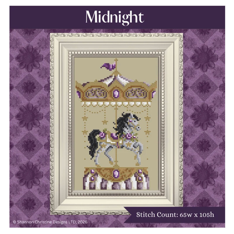 A digital mock up of the Midnight pattern with coordinating décor and a stitch count in the bottom right corner. 
