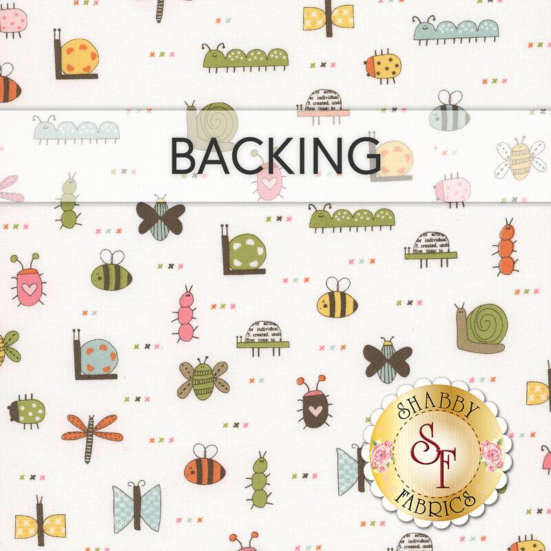 Off white swatch of fabric featuring tossed bugs, bees, butterflies, and flowers. A transparent banner at the top reads "Backing."