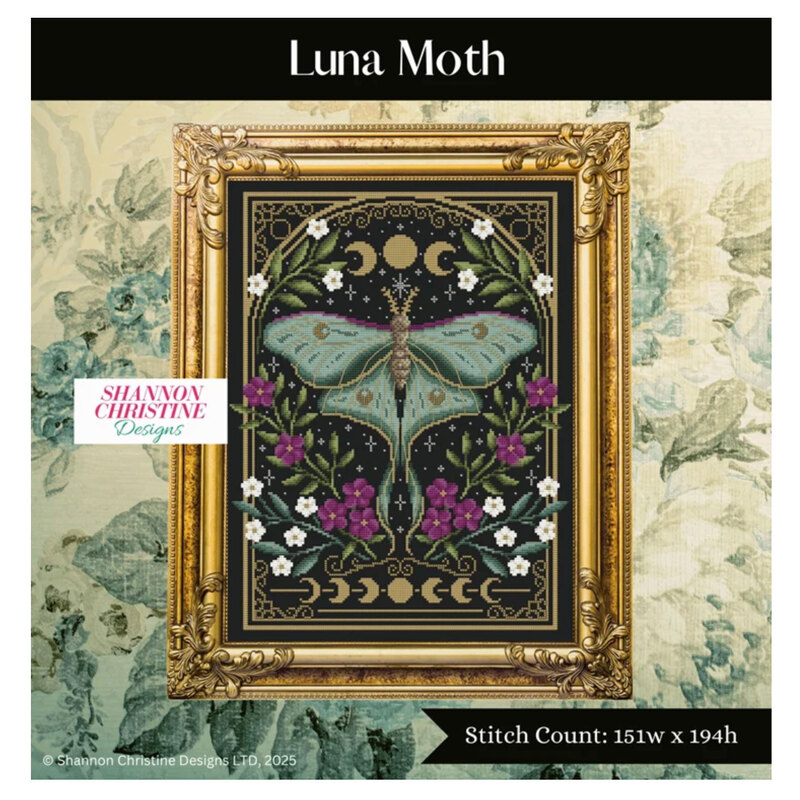 A digital mock up of the Luna Moth pattern with coordinating décor and a stitch count in the bottom right corner. 