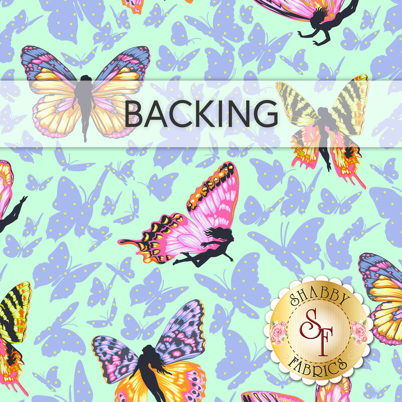 A swatch of aqua fabric with tossed periwinkle and multicolor butterflies; a transparent banner at the top reads "Backing."