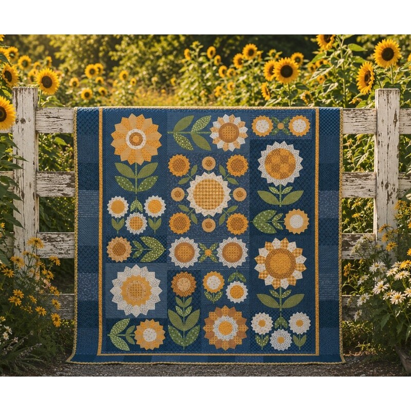 The completed Fresh As A Daisy Quilt, draped over a wooden fence surrounded by a garden of sunflowers.