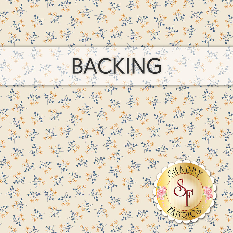 Cream swatch of fabric with tossed blue and golden yellow sprigs. A transparent banner at the top reads "Backing."