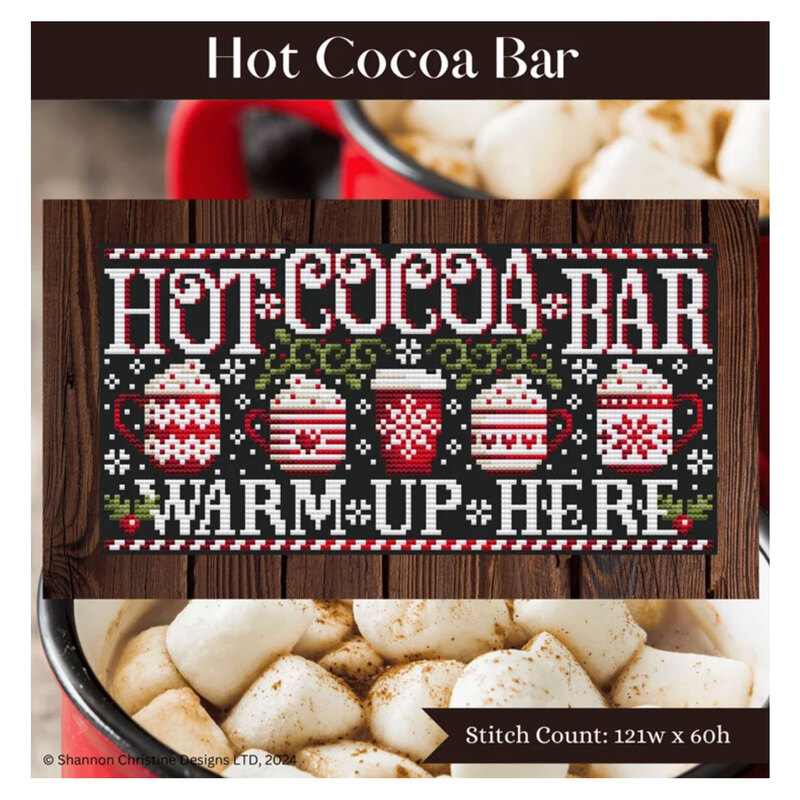 A digital mock up of the hot coco bar pattern with coordinating décor and a stitch count in the bottom right corner. 
