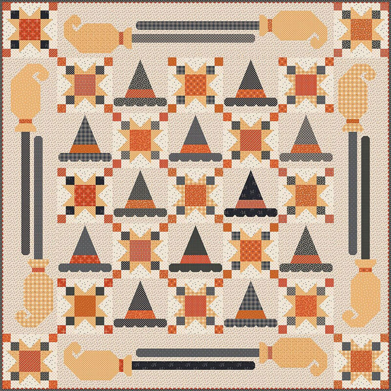 Halloween Quilt with repeated stars, witches hats,  and brooms, in orange, black, and beige.
