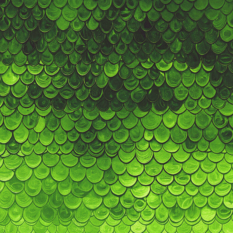 A grass green fabric featuring layered scallops. 