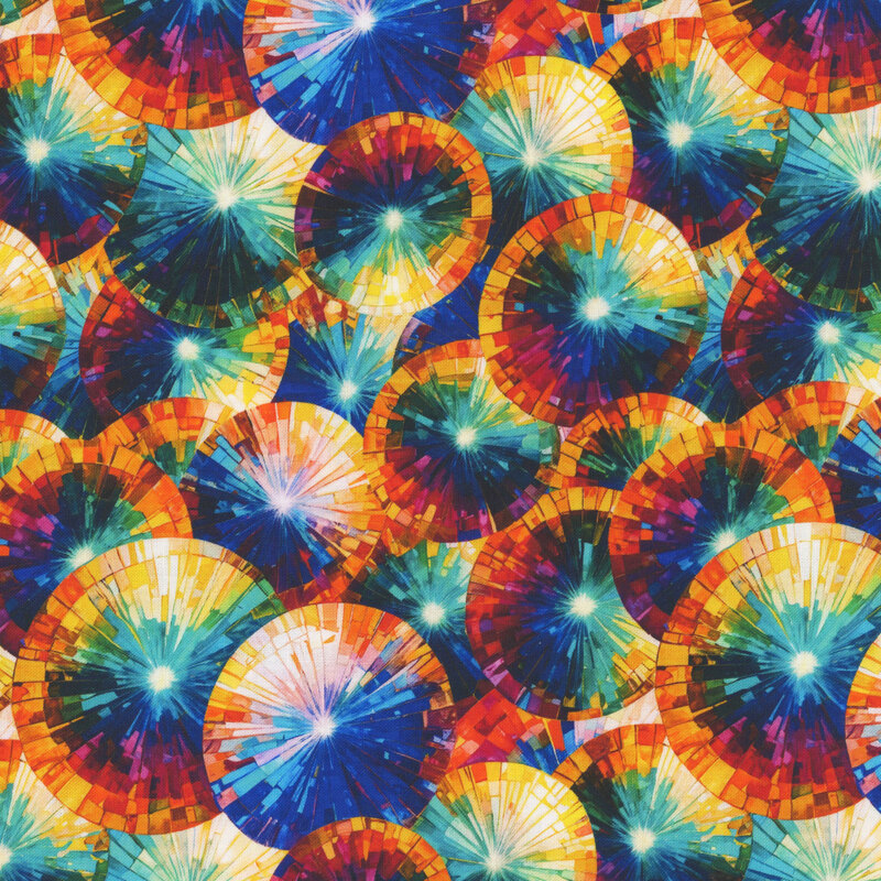 A multi-colored fabric featuring stained glass umbrellas
