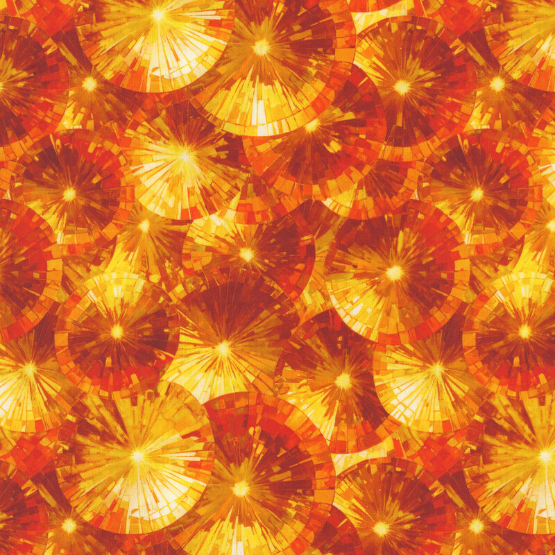 A dark gold and orange fabric featuring stained glass umbrellas. 