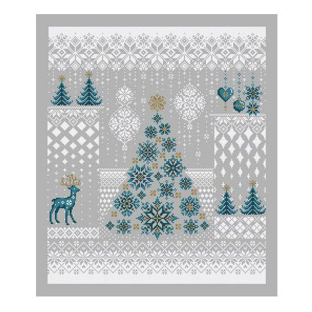 A digital mock up of the winter snowfall pattern with coordinating décor and a stitch count in the bottom right corner. 