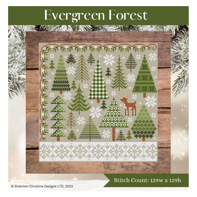 A digital mock up of the evergreen forest pattern with coordinating décor and a stitch count in the bottom right corner. 