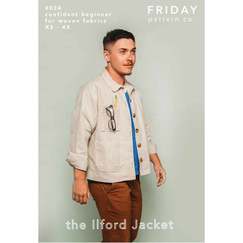 Front cover of the Ilford Jacket pattern featuring a model wearing a linen color way fabric of the regular length jacket.