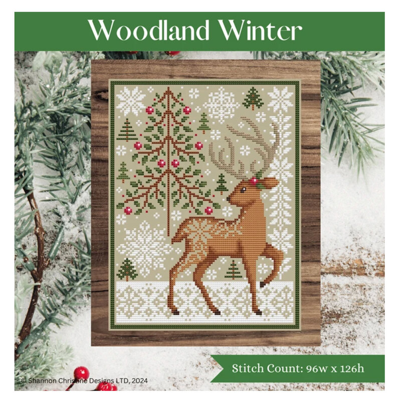 A digital mock up of the woodland winter pattern with coordinating décor and a stitch count in the bottom right corner. 