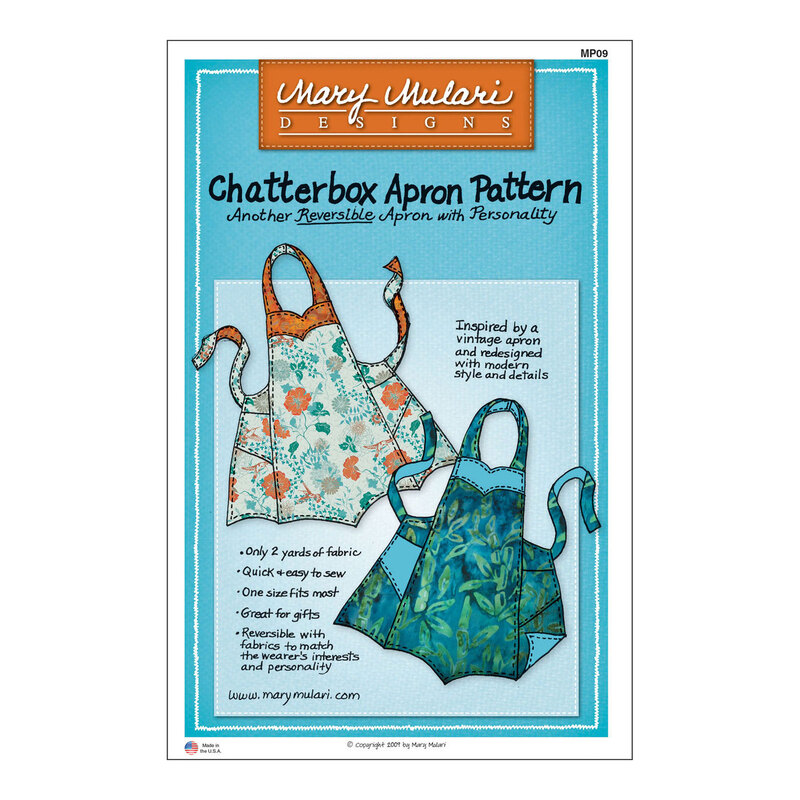 Front cover of the Chatterbox apron pattern with two reversible designs of orange-teal scale florals and a lagoon blue floral batik on the other side.