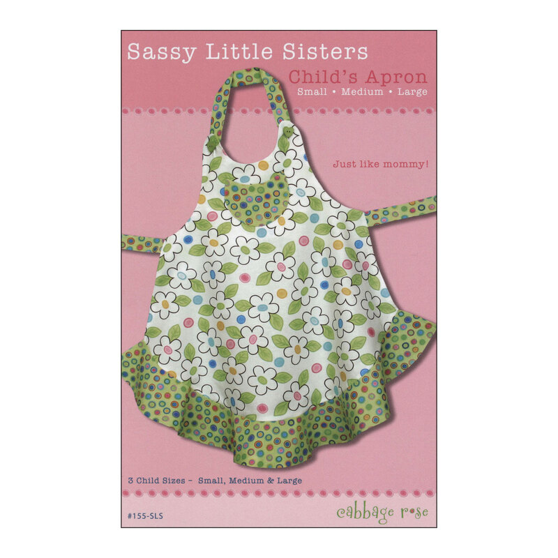 Front cover of the Sassy Little Sisters Child's Apron with a green and cream floral fabric design.