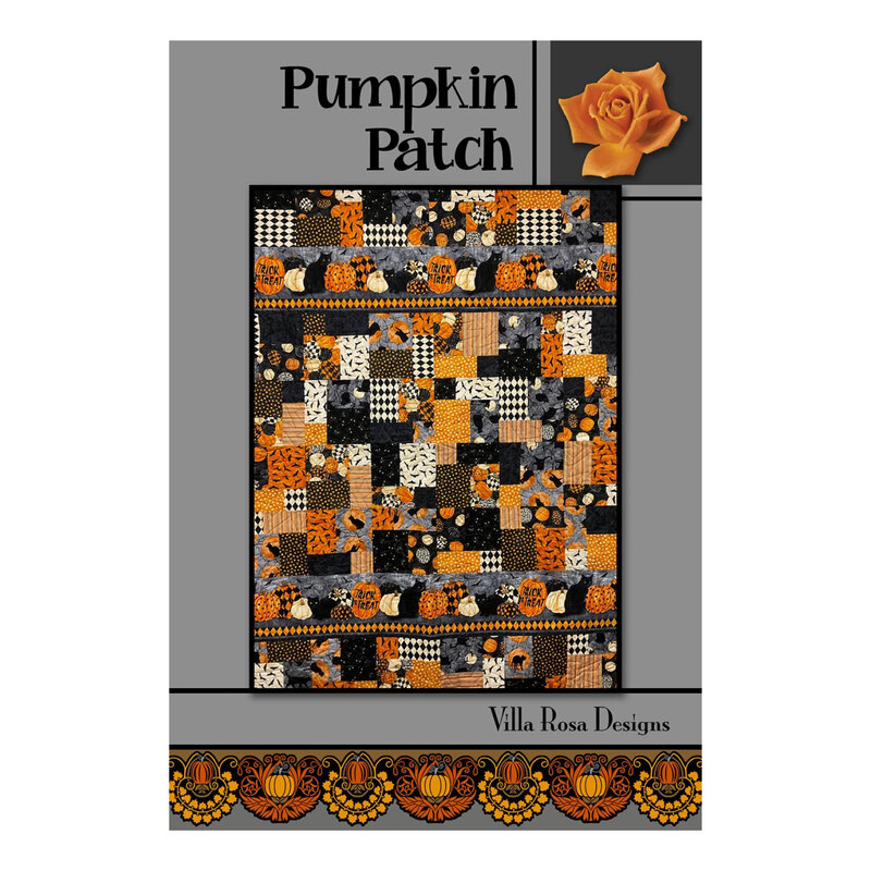 Front of the Pumpkin Patch quilt pattern showing the finished quilt surrounded by gray and an ornamental pumpkin design along the bottom.