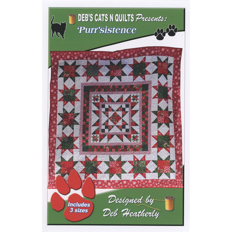 The front of the Purr-sistence pattern with the completed quilt displayed on a white background.