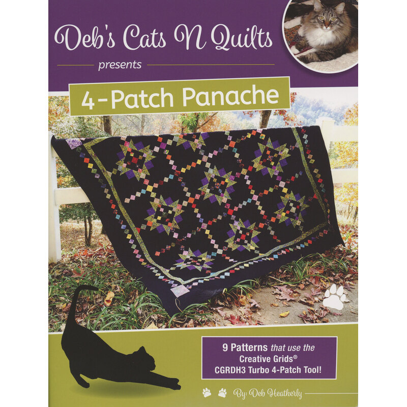 The front of the 4-Patch Panache book with one of the completed quilts displayed artfully over a fence.