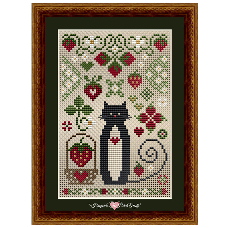 Framed digital image of the pattern featuring a black cat surrounded by strawberries and florals