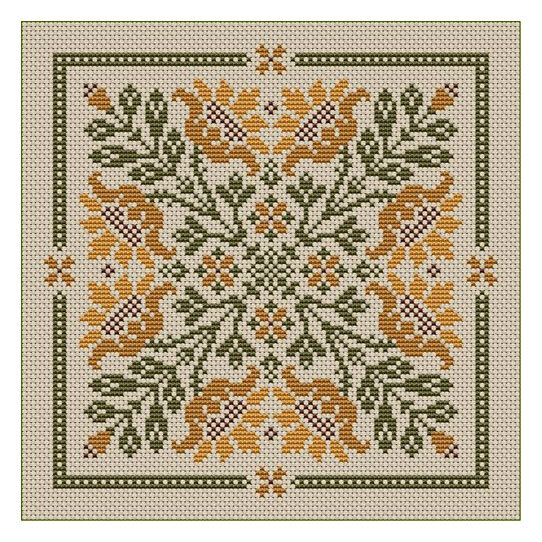 A digital image of the pattern featuring a folk-art styled sunflowers with green stems and a decorative border.