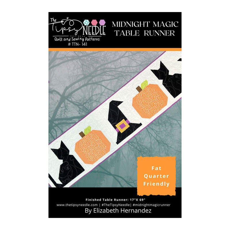 Front cover of the Midnight Magic Table Runner pattern with the finished quilt on top of a faded forest background.