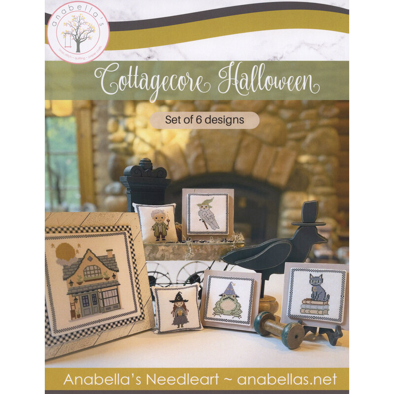 Cottagecore Halloween cross-stitch design set shown with six framed spooky motifs.