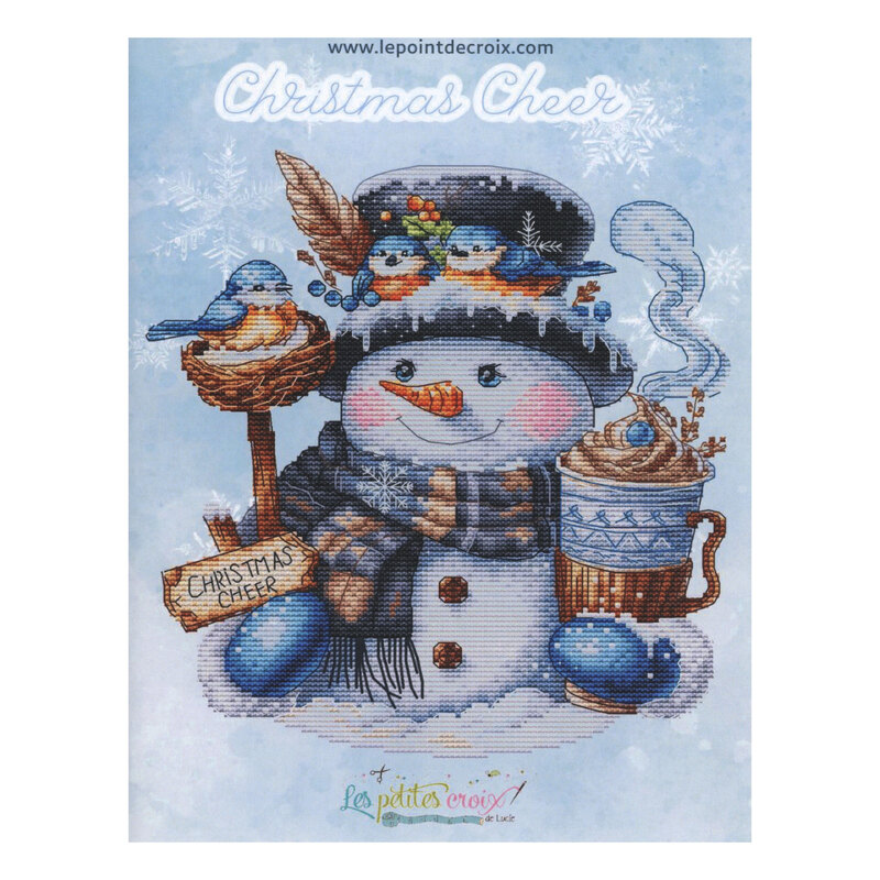Christmas Cheer cross stitch pattern of a cheerful snowman with a mug of cocoa wearing winter attire surrounded by birds.