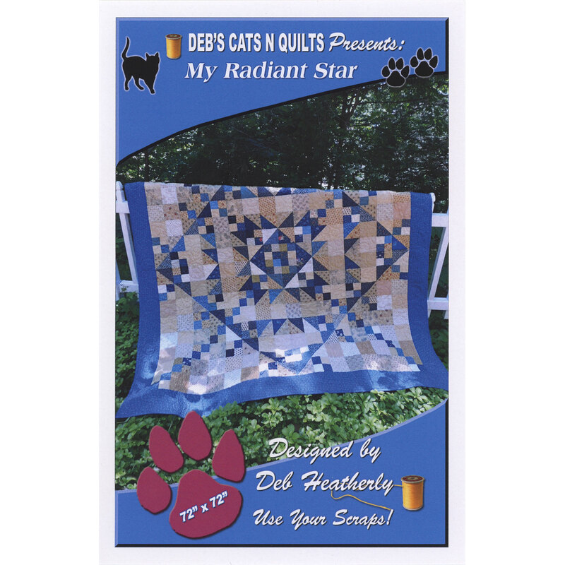The front of the My Radiant Star pattern with the completed quilt displayed hanging over a fence.