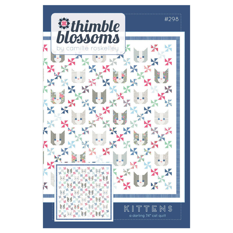 Front cover of pattern featuring completed quilt with cats and pinwheels colored in white, pink, green, and blue fabrics