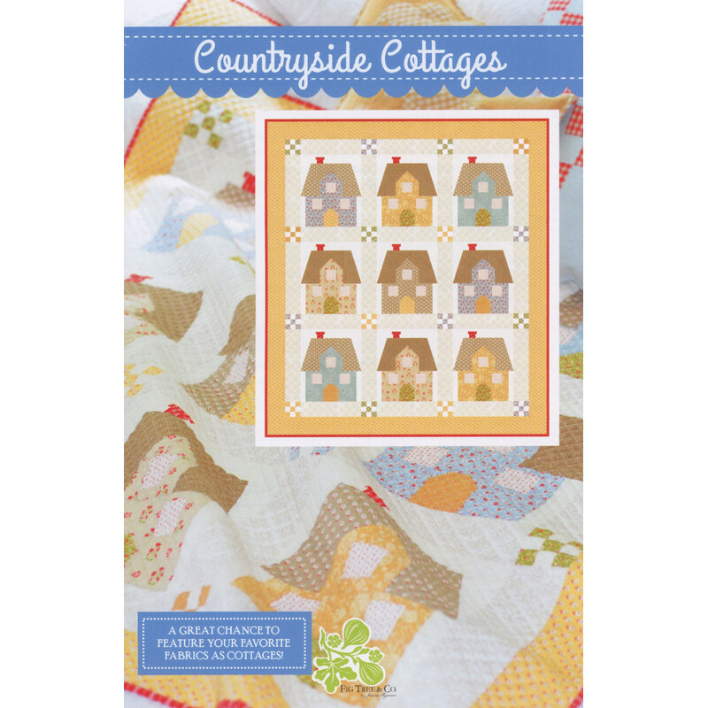 Patterned quilt with cottage motifs and “Countryside Cottages” cover design.