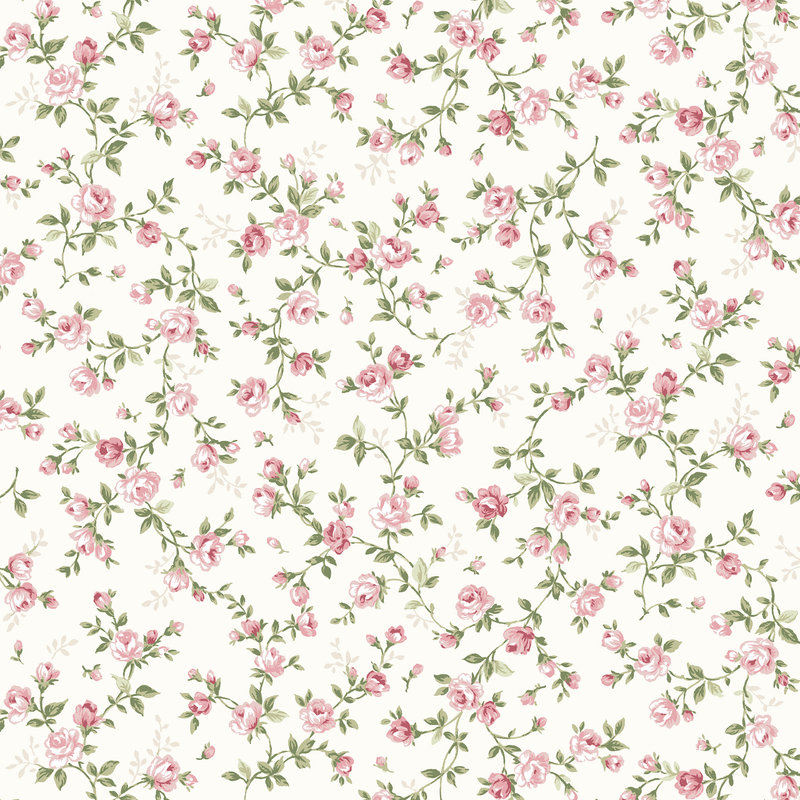 Floral fabric with vines of lush pink roses strung across a cream background.