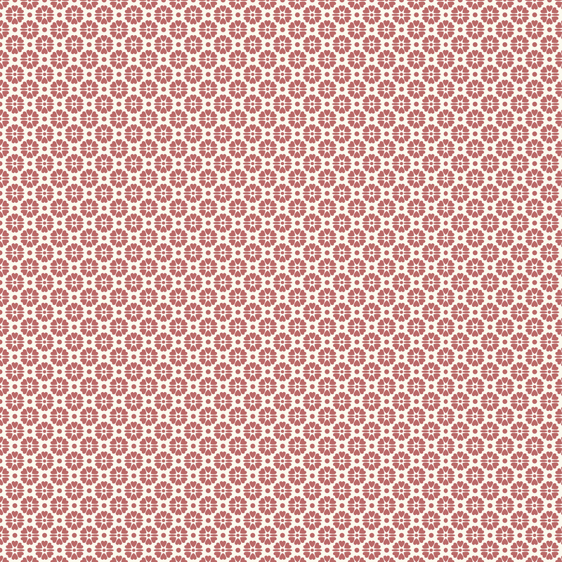 White fabric with an intricate staggered grid of dusty rose florals made of small hearts, separated by dots.
