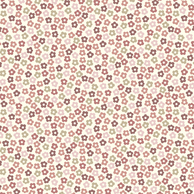 Cream fabric with a packed design of soft, multicolored florals with a large dotted center.