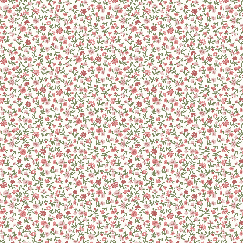 White fabric with a calico print of pink and red roses.