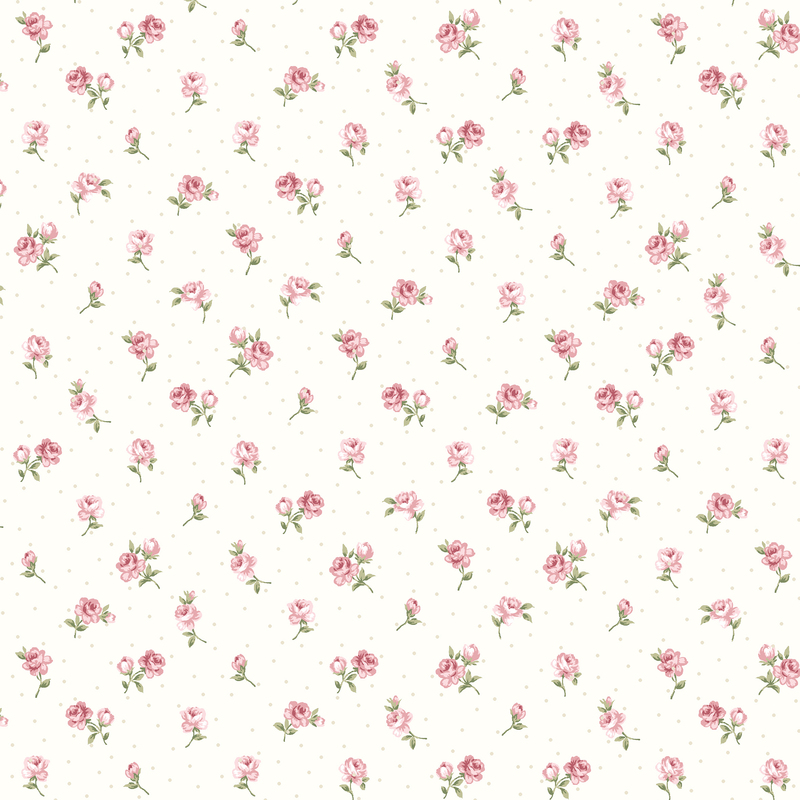 Cream fabric with spaced pink roses and buds with subtle beige dots filling the space.