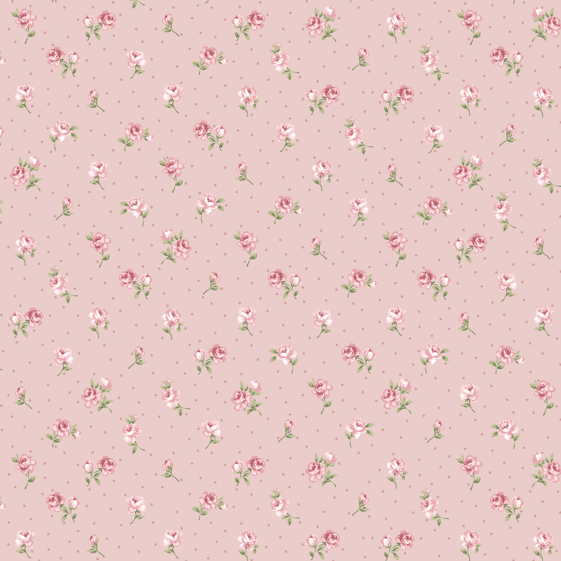 Dusty rose fabric with spaced pink roses and buds and subtle rose colored dots filling the space.