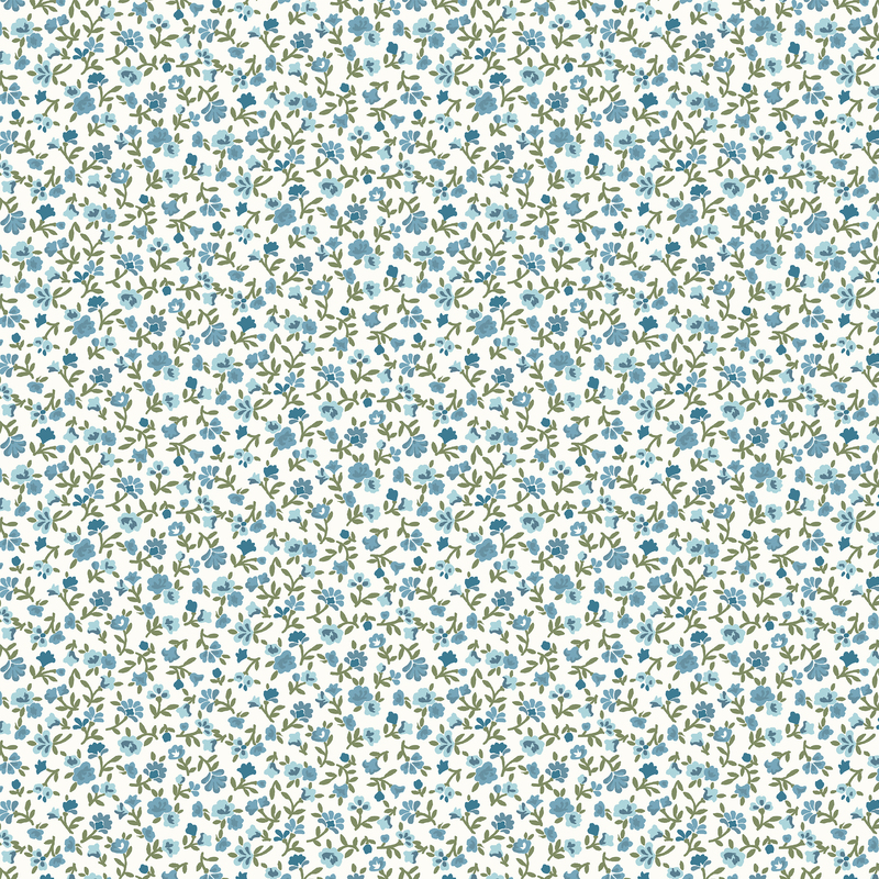 Cream fabric with an intricate calico pattern of blue florals.