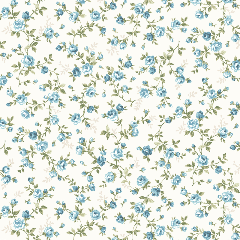 Cream fabric with vines of blue roses strung across the background.