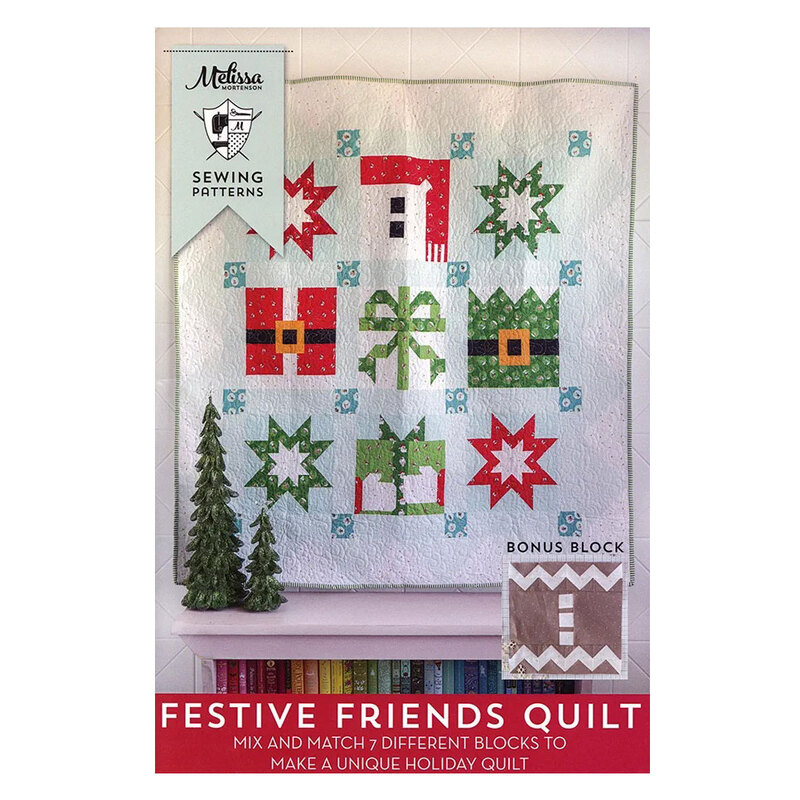 Front cover of the Festive Friends Quilt pattern featuring the finished Christmas quilt hanging on a wall above a book shelf with Christmas tree decor staged on top