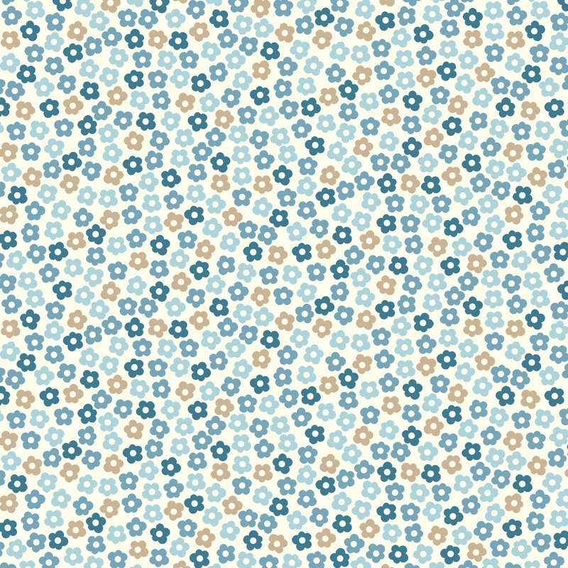 Cream fabric with a packed design of soft blue and neutral florals with large dotted centers.