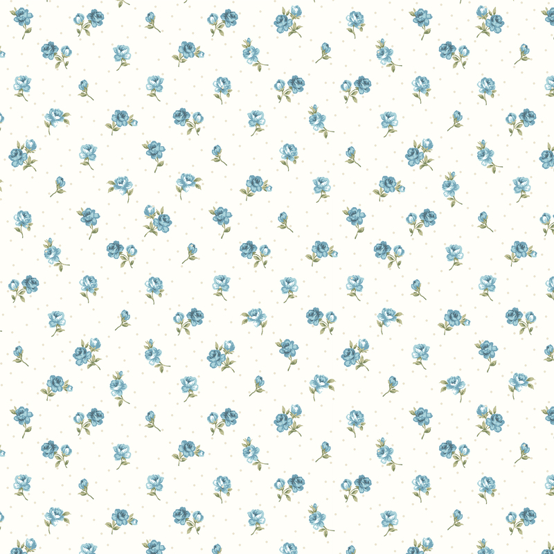 Cream fabric with a dainty design of spaced blue and teal roses with subtle beige dots filling the space.
