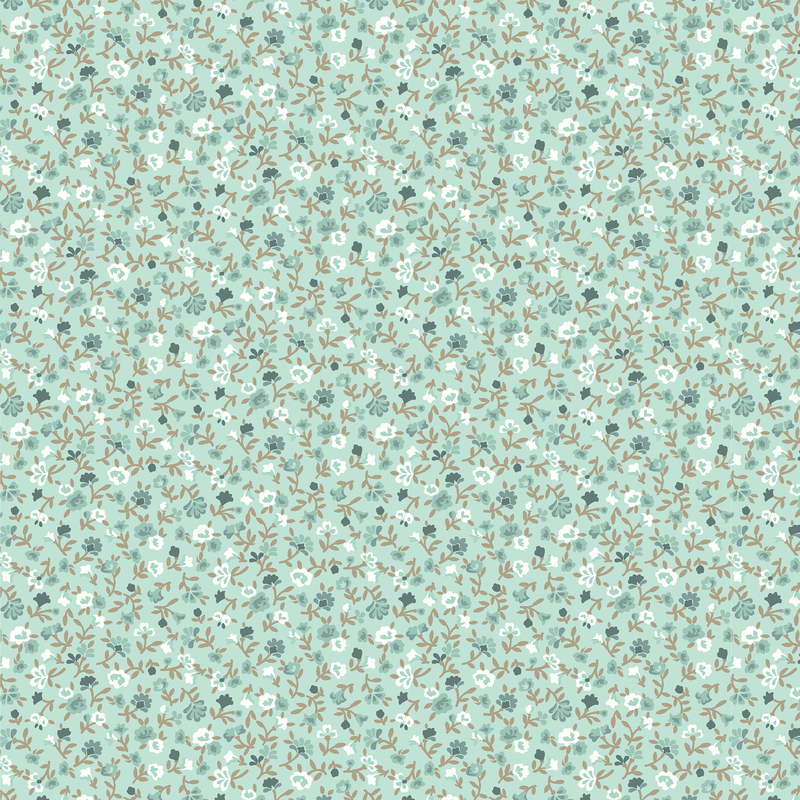 Green-aqua fabric with a calico print of white and teal roses.