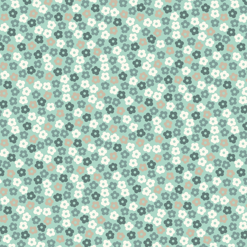 Aqua fabric with a packed design of dark teal and neutral florals with large dotted centers.