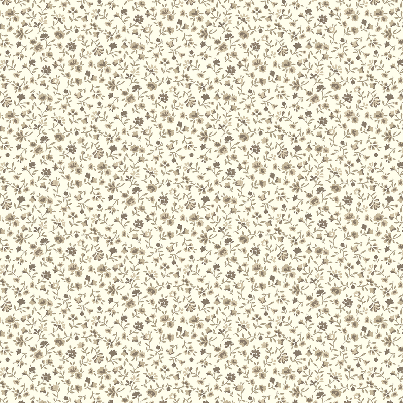 Cream fabric with a calico print of brown and tan neutral roses.