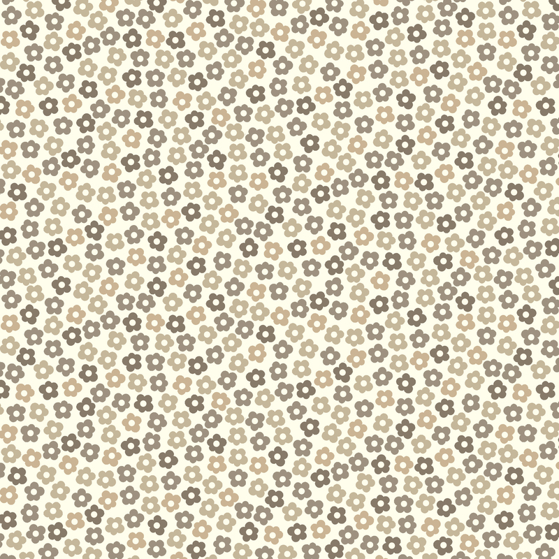 Cream fabric with a packed design of brown, neutral florals with large dotted centers.