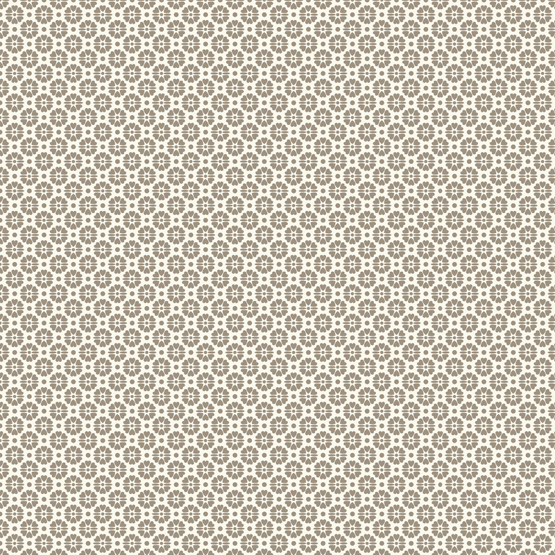White fabric with an intricate staggered grid of mushroom brown florals made of small hearts, separated by dots.