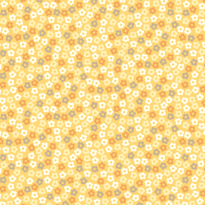 Dandelion yellow fabric with a packed design of yellow, orange, and neutral florals with large dotted centers.