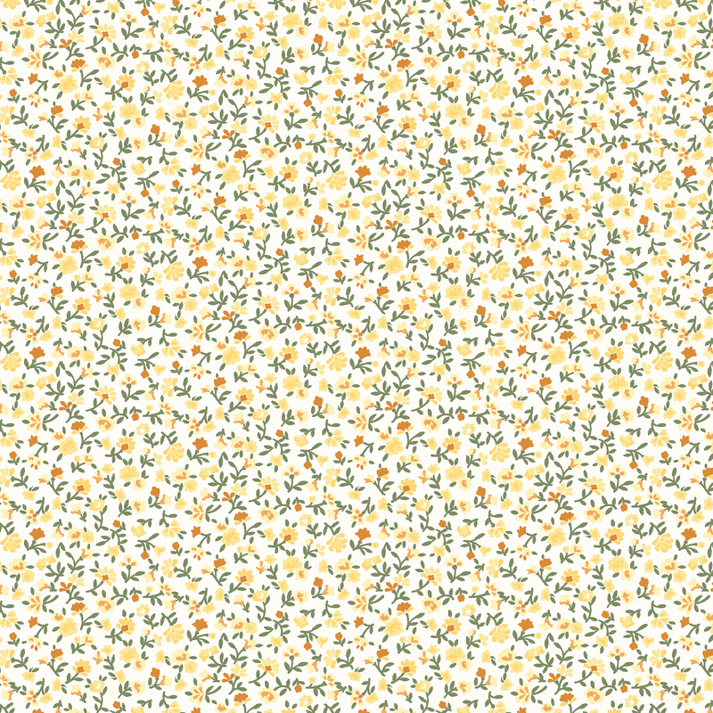 White fabric with a calico print of yellow and orange roses.